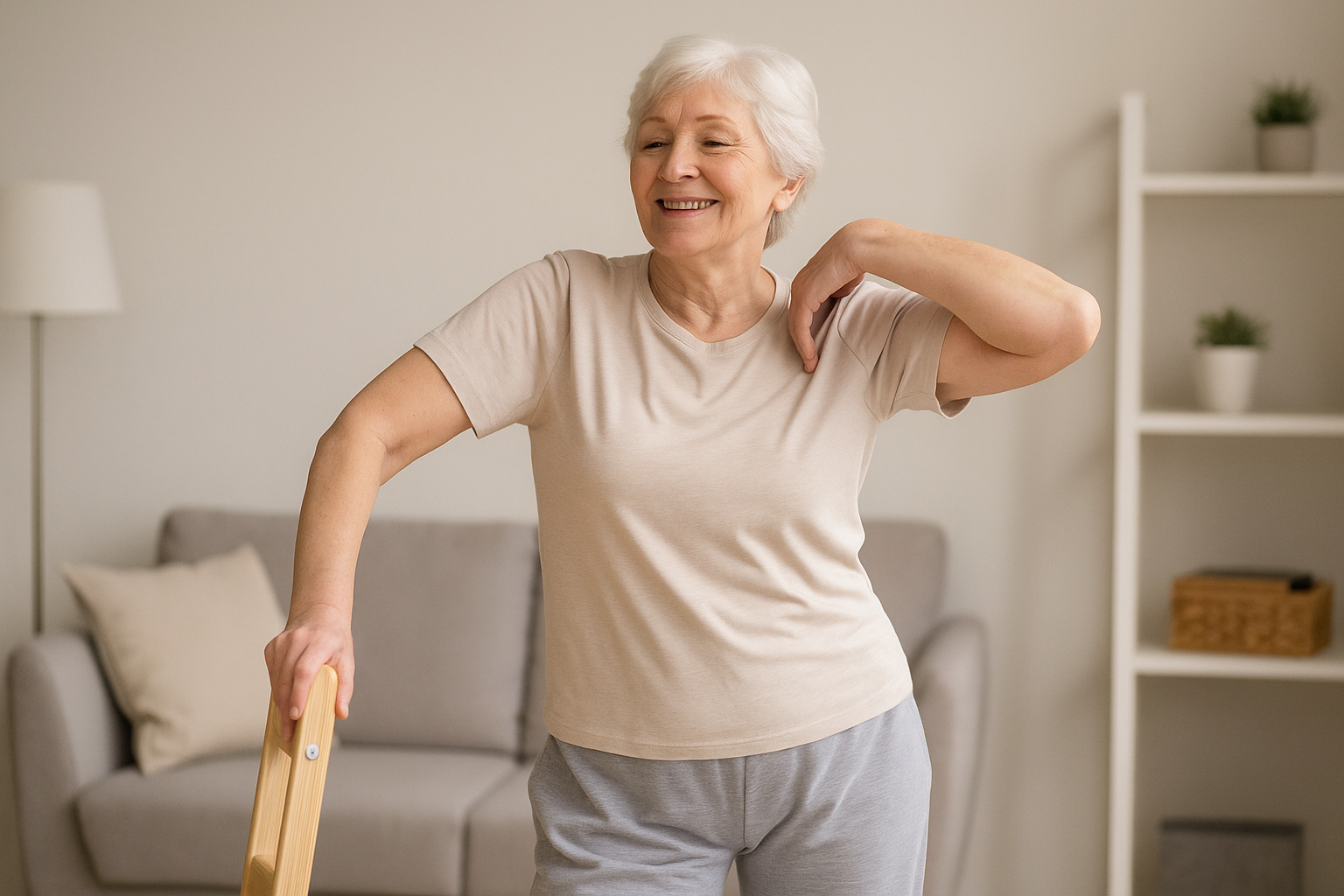 Пожилая женщина делает мягкую растяжку