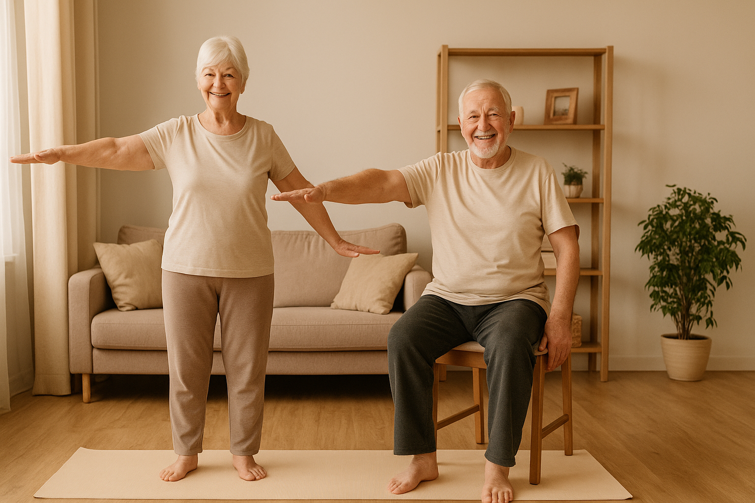 Пожилая пара делает лёгкую гимнастику дома
